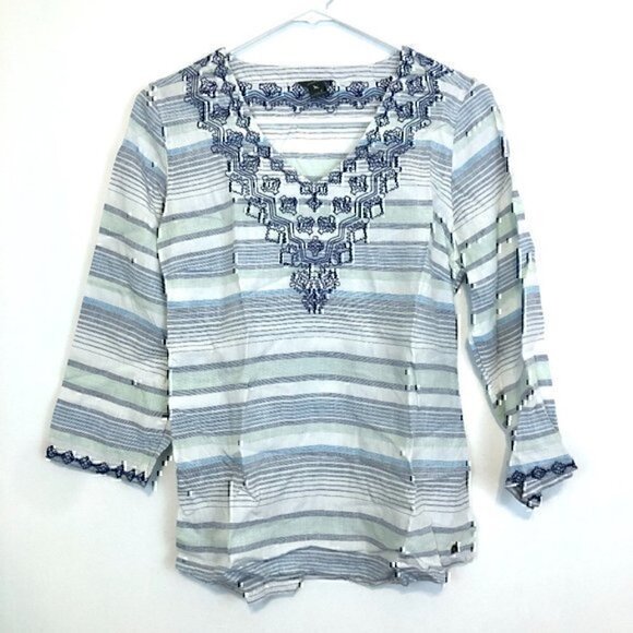 EDDIE BAUER Vista Point Embroidered Tunic White Navy Blue Striped 3/4 Sleeve S - Picture 2 of 9
